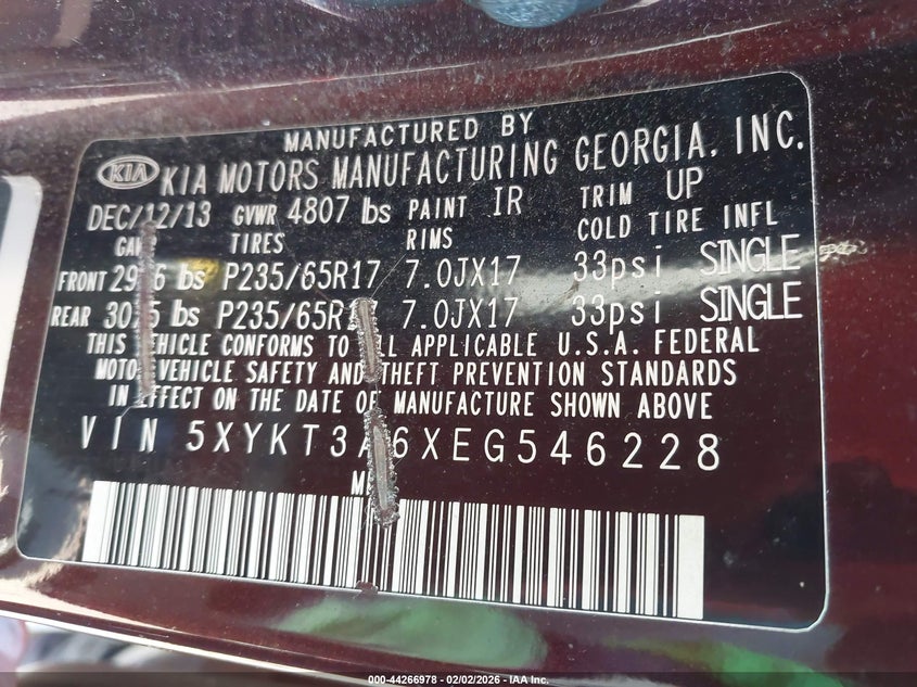2014 Kia Sorento Lx VIN: 5XYKT3A6XEG546228 Lot: 44266978