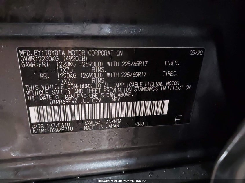 VIN JTMR6RFV4LJ001079 2020 TOYOTA RAV4 HYBRID XLE
