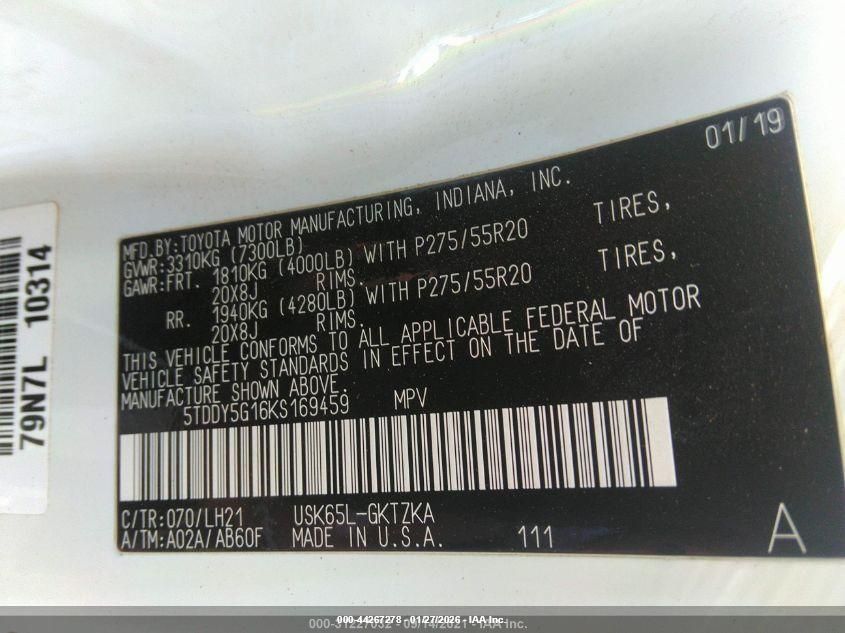 2019 Toyota Sequoia Platinum VIN: 5TDDY5G16KS169459 Lot: 44267278