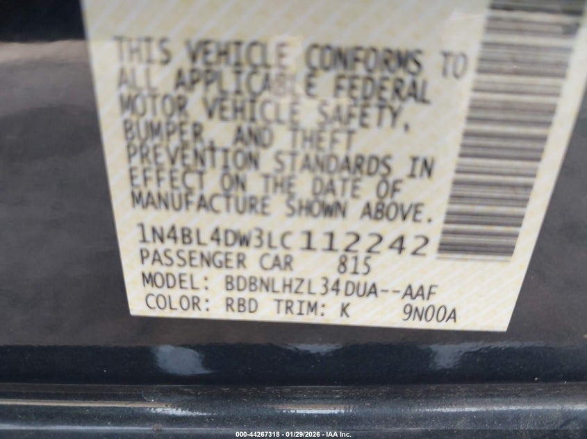 VIN 1N4BL4DW3LC112242 2020 NISSAN ALTIMA SV INTELLIGENT AWD