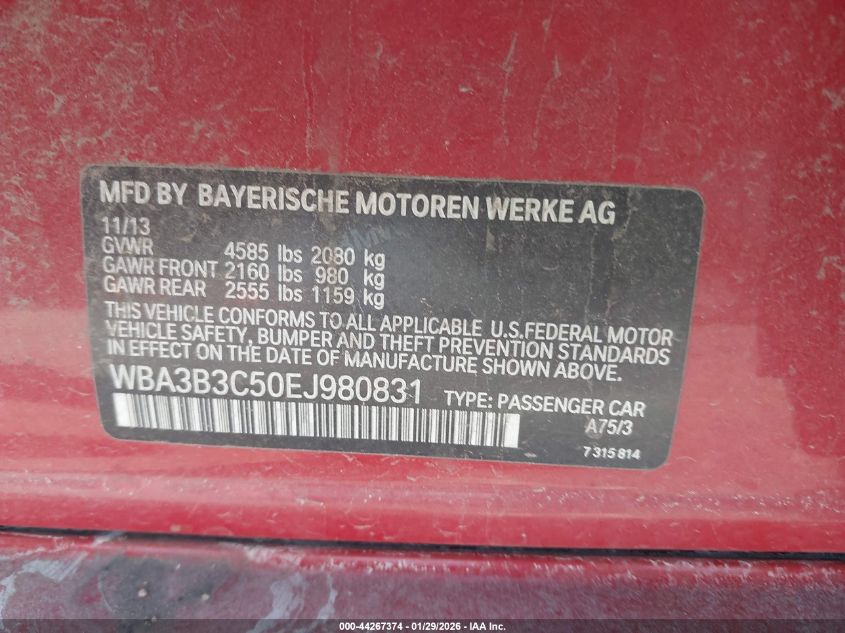 2014 BMW 328I xDrive VIN: WBA3B3C50EJ980831 Lot: 44267374