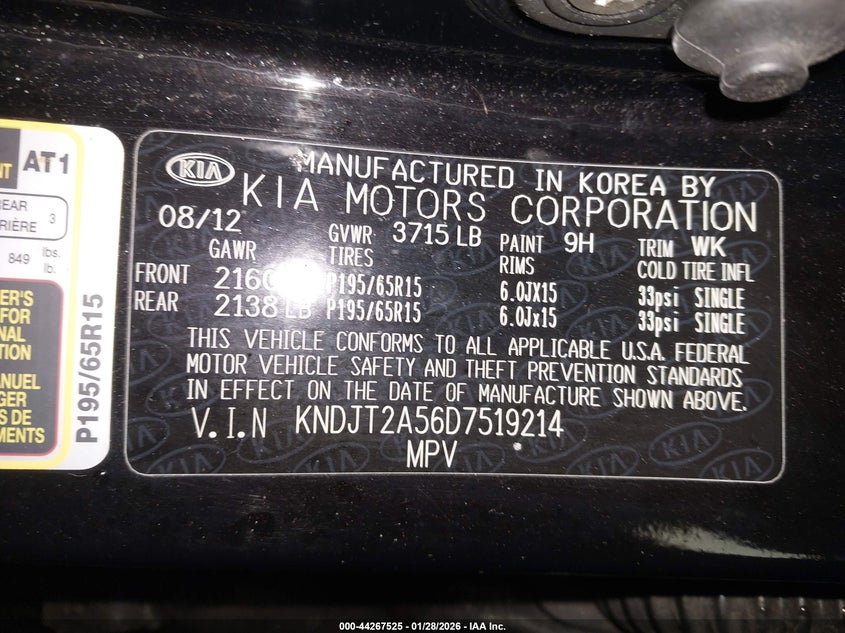 2013 Kia Soul VIN: KNDJT2A56D7519214 Lot: 44267525