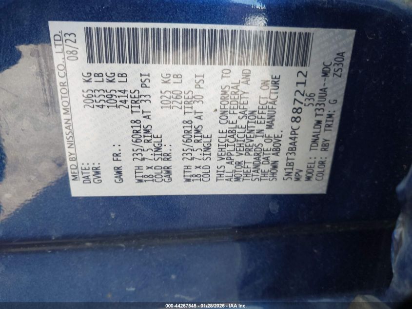 2023 Nissan Rogue Sv Fwd VIN: 5N1BT3BA4PC887212 Lot: 44267545