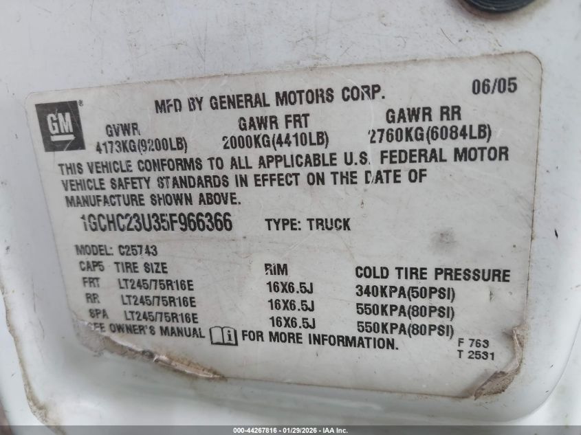 2005 Chevrolet Silverado 2500Hd Ls VIN: 1GCHC23U35F966366 Lot: 44267816