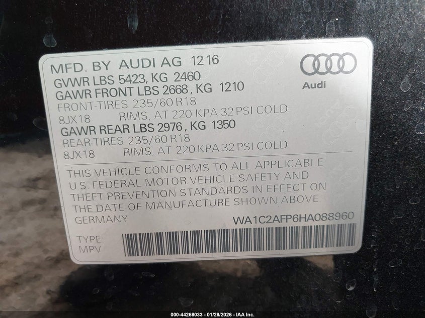 2017 Audi Q5 2.0T Premium VIN: WA1C2AFP6HA088960 Lot: 44268033