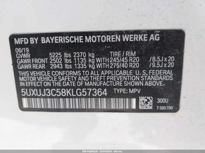 2019 BMW X4 xDrive30I VIN: 5UXUJ3C58KLG57364 Lot: 44268228