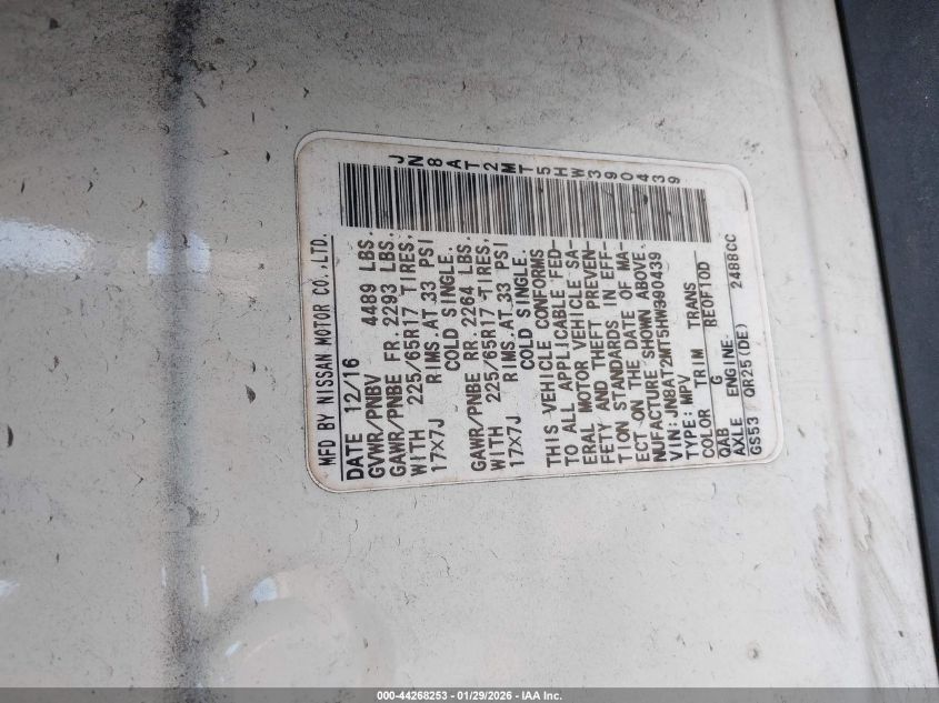 2017 Nissan Rogue Sv VIN: JN8AT2MT5HW390439 Lot: 44268253