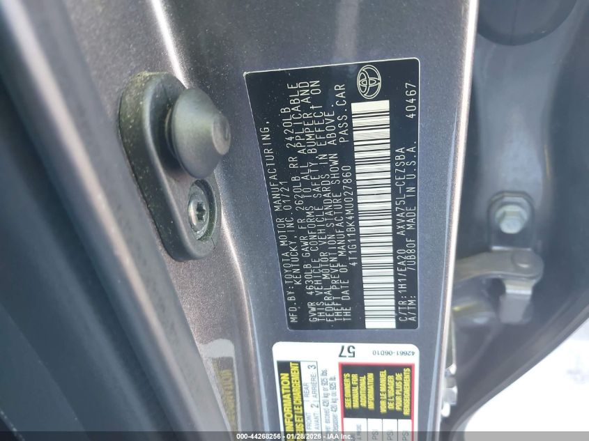 2021 Toyota Camry Se Awd VIN: 4T1G11BK4MU027860 Lot: 44268256