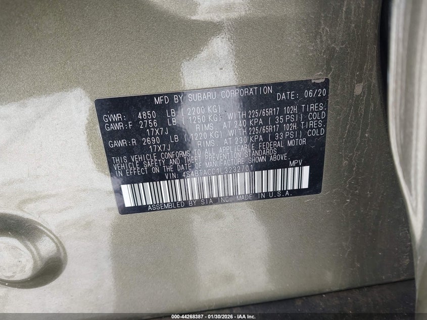 2020 Subaru Outback Premium VIN: 4S4BTACC1L3232701 Lot: 44268387