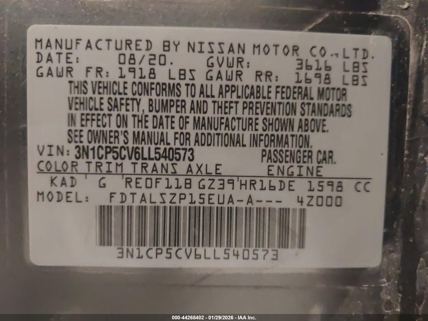 VIN 3N1CP5CV6LL540573 2020 NISSAN KICKS SV XTRONIC CVT