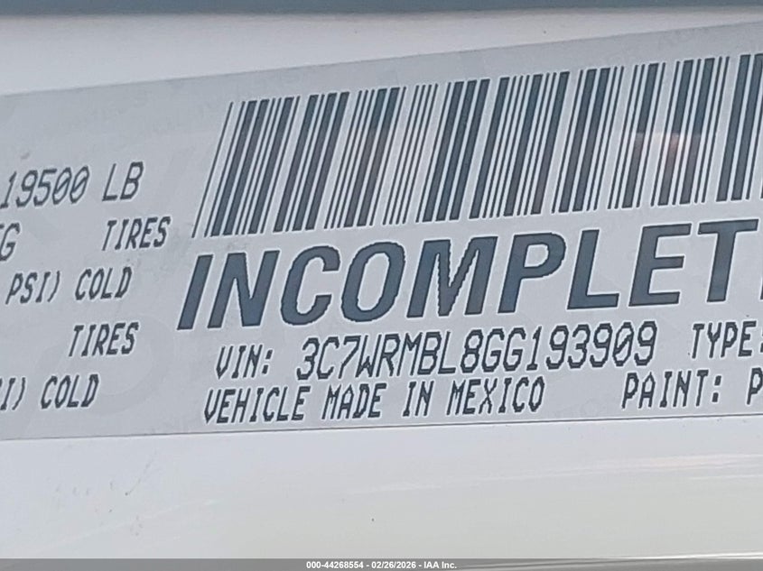 2016 Ram 5500 Chassis Tradesman/Slt VIN: 3C7WRMBL8GG193909 Lot: 44268554