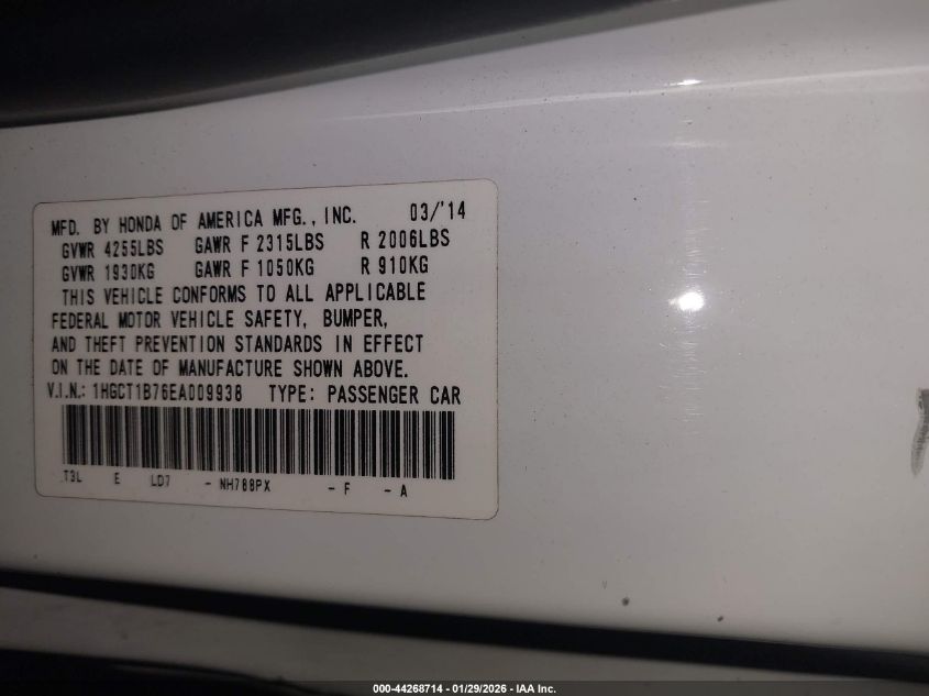 2014 Honda Accord Ex VIN: 1HGCT1B76EA009938 Lot: 44268714