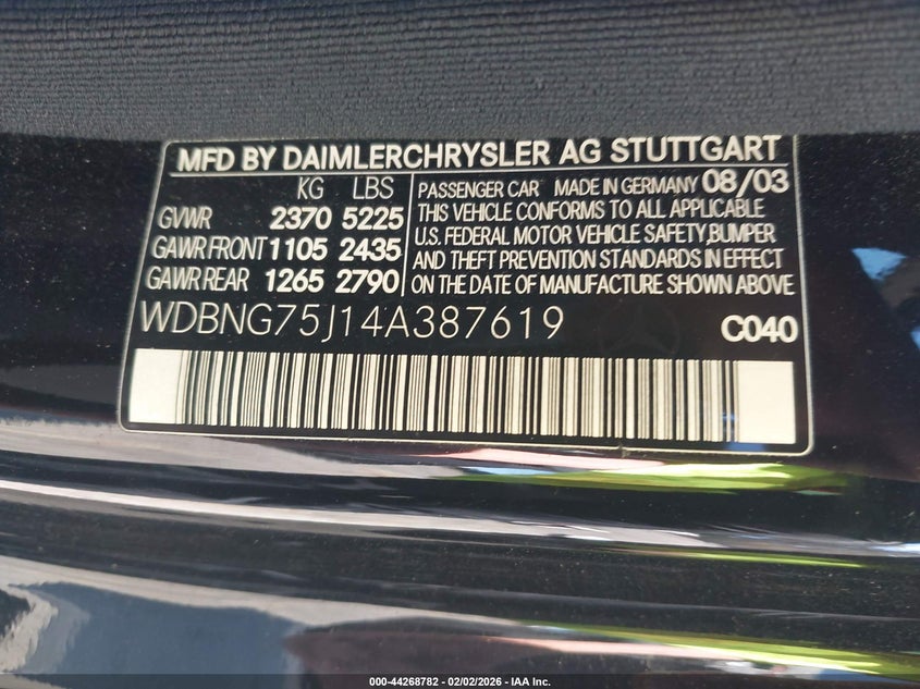 2004 Mercedes-Benz S 500 VIN: WDBNG75J14A387619 Lot: 44268782