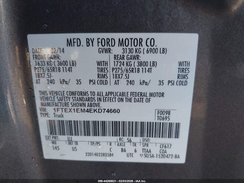 2014 Ford F-150 Stx VIN: 1FTEX1EM4EKD74660 Lot: 44268821