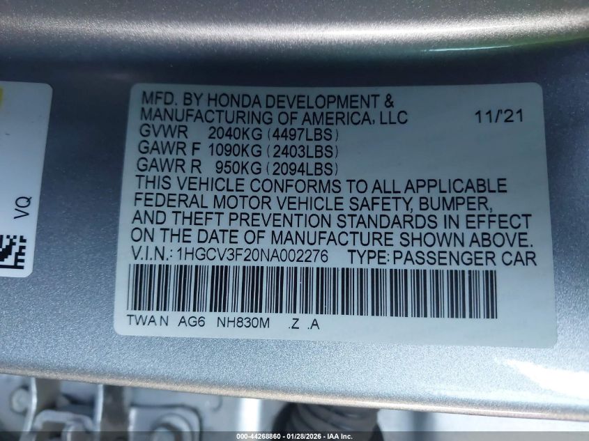 2022 Honda Accord Hybrid Sport VIN: 1HGCV3F20NA002276 Lot: 44268860