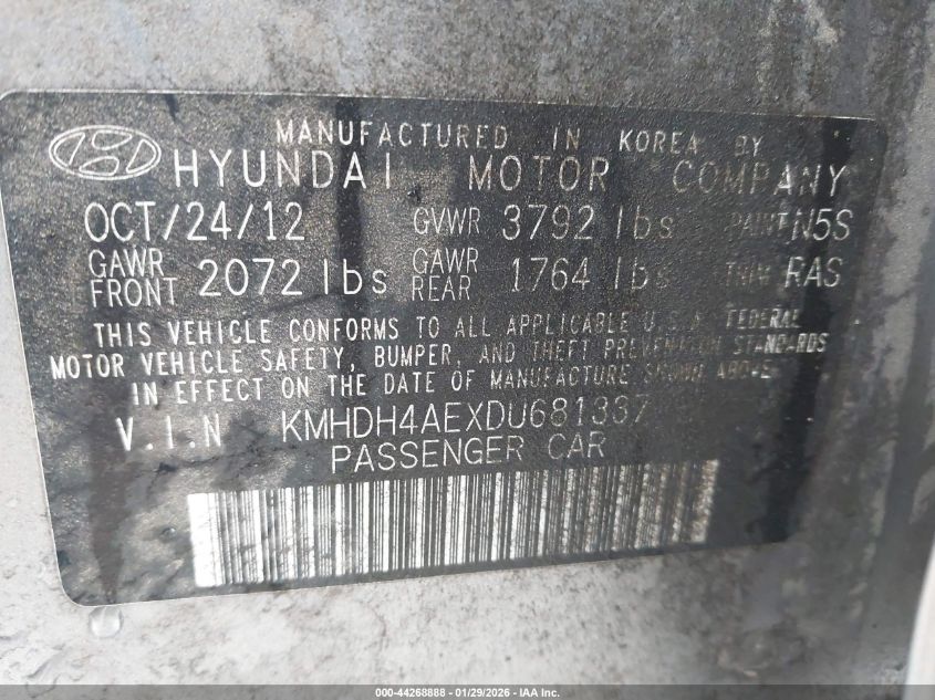 2013 Hyundai Elantra Gls VIN: KMHDH4AEXDU681337 Lot: 44268888