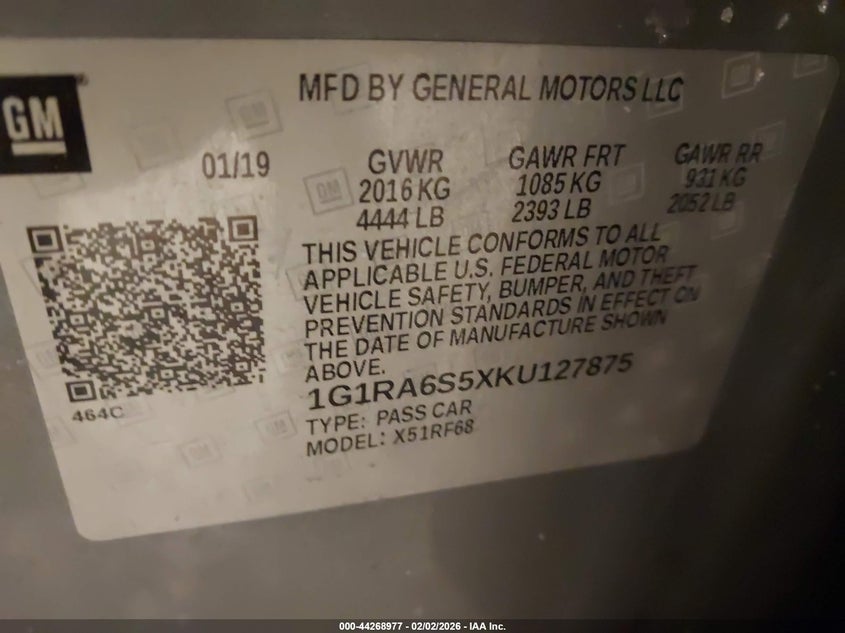 2019 Chevrolet Volt Lt VIN: 1G1RA6S5XKU127875 Lot: 44268977