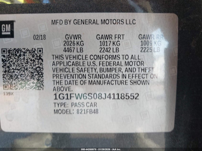 2018 Chevrolet Bolt Ev Lt VIN: 1G1FW6S08J4118552 Lot: 44268979