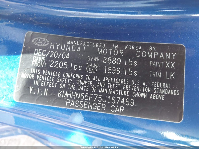 2005 Hyundai Tiburon Gt/Se VIN: KMHHN65F75U167469 Lot: 44269188