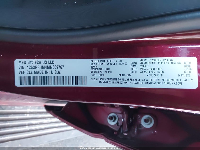 2021 Ram 1500 Limited 4X4 5'7 Box VIN: 1C6SRFHM4MN809767 Lot: 44269393