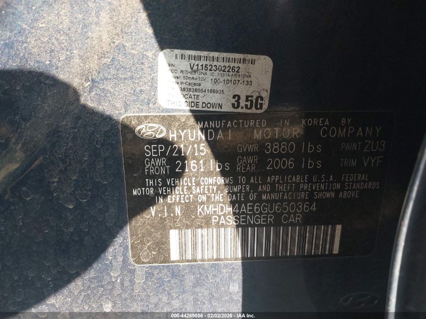 2016 Hyundai Elantra Se VIN: KMHDH4AE6GU650364 Lot: 44269556