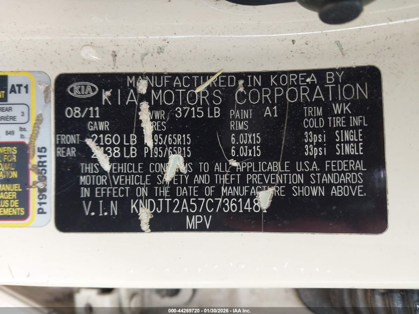 2012 Kia Soul VIN: KNDJT2A57C7361481 Lot: 44269720