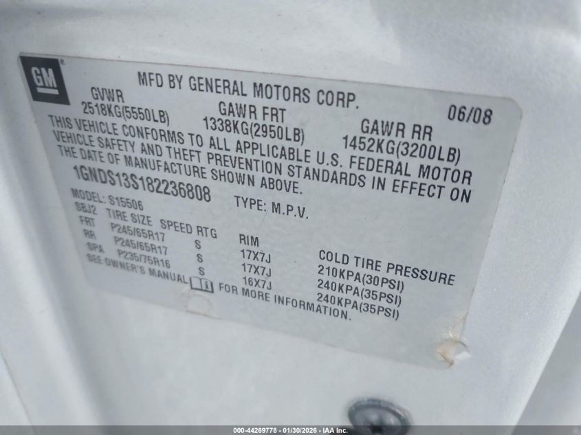 2008 Chevrolet Trailblazer Fleet VIN: 1GNDS13S182236808 Lot: 44269778