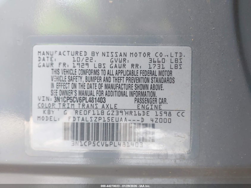 2023 Nissan Kicks Sv Xtronic Cvt VIN: 3N1CP5CV6PL481403 Lot: 44270023