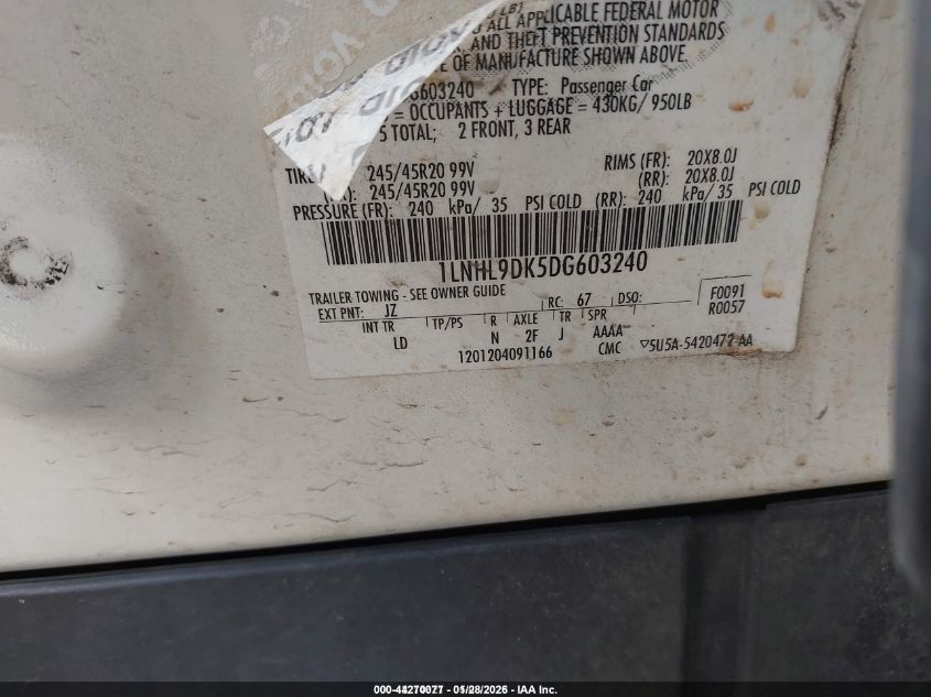 2013 Lincoln Mks VIN: 1LNHL9DK5DG603240 Lot: 44270077