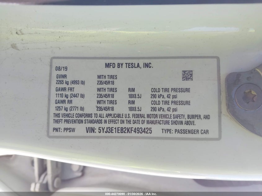 VIN 5YJ3E1EB2KF493425 2019 TESLA MODEL 3 LONG RANGE/PERFORMANCE