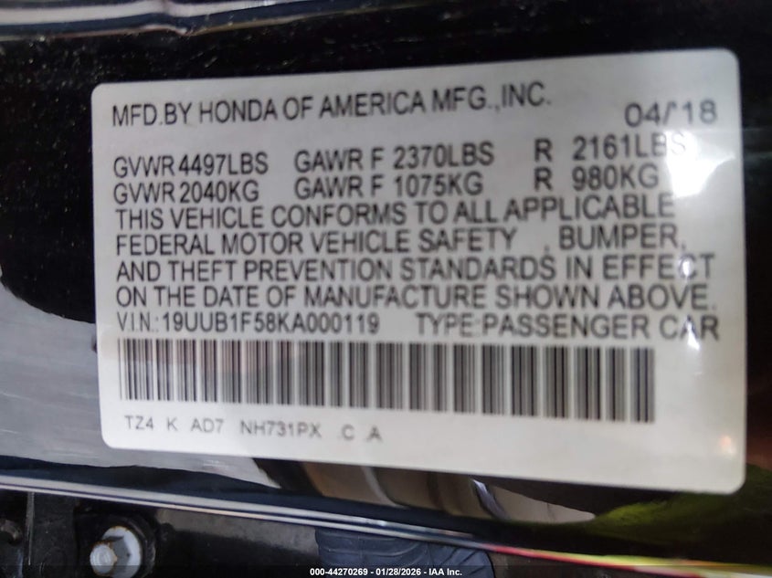 2019 Acura Tlx Tech Pkg VIN: 19UUB1F58KA000119 Lot: 44270269