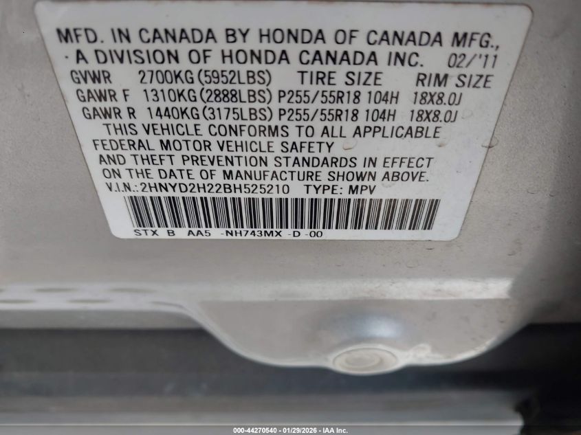 2011 Acura Mdx VIN: 2HNYD2H22BH525210 Lot: 44270540