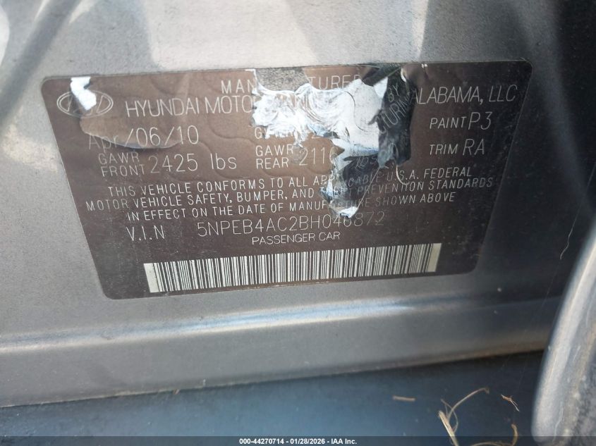 2011 Hyundai Sonata Gls VIN: 5NPEB4AC2BH046872 Lot: 44270714