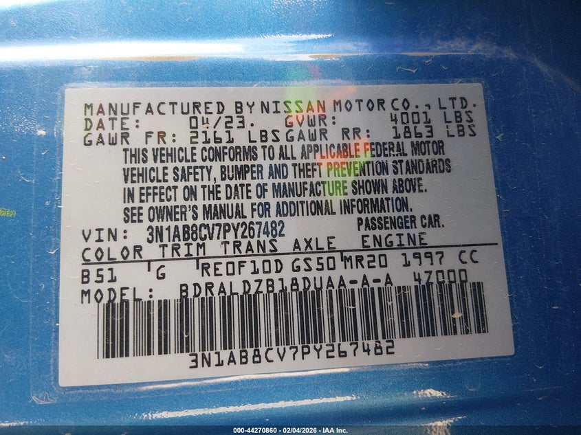 VIN 3N1AB8CV7PY267482 2023 NISSAN SENTRA SV XTRONIC CVT