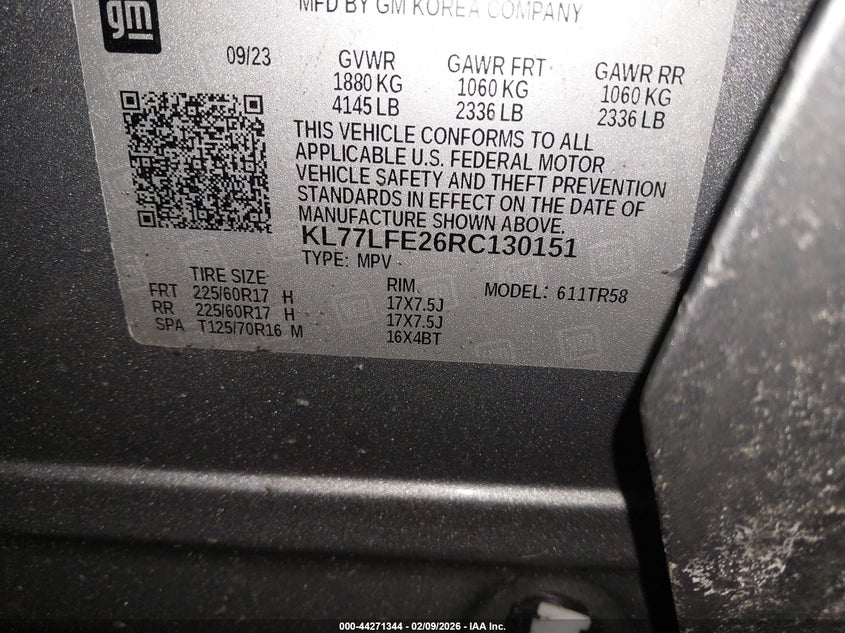 VIN KL77LFE26RC130151 2024 CHEVROLET TRAX FWD SP