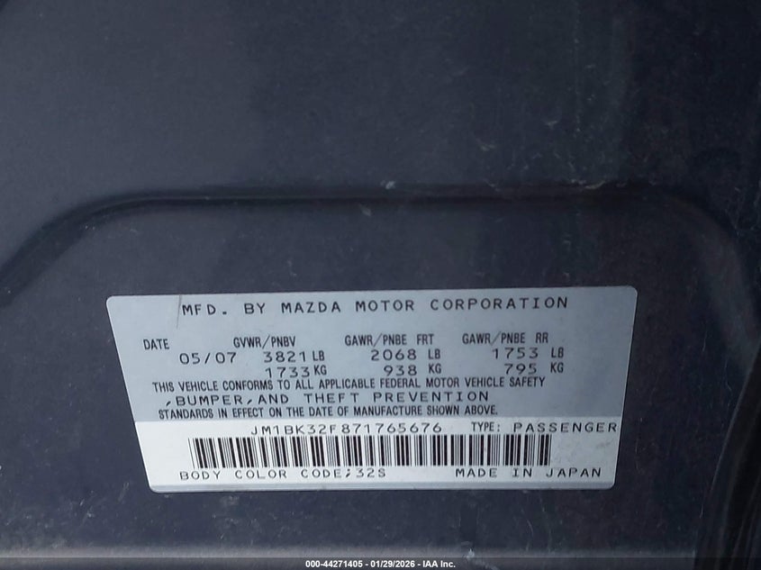 2007 Mazda Mazda3 I VIN: JM1BK32F871765676 Lot: 44271405
