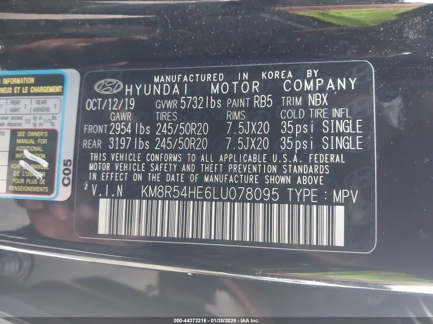 2020 Hyundai Palisade Limited VIN: KM8R54HE6LU078095 Lot: 44272216