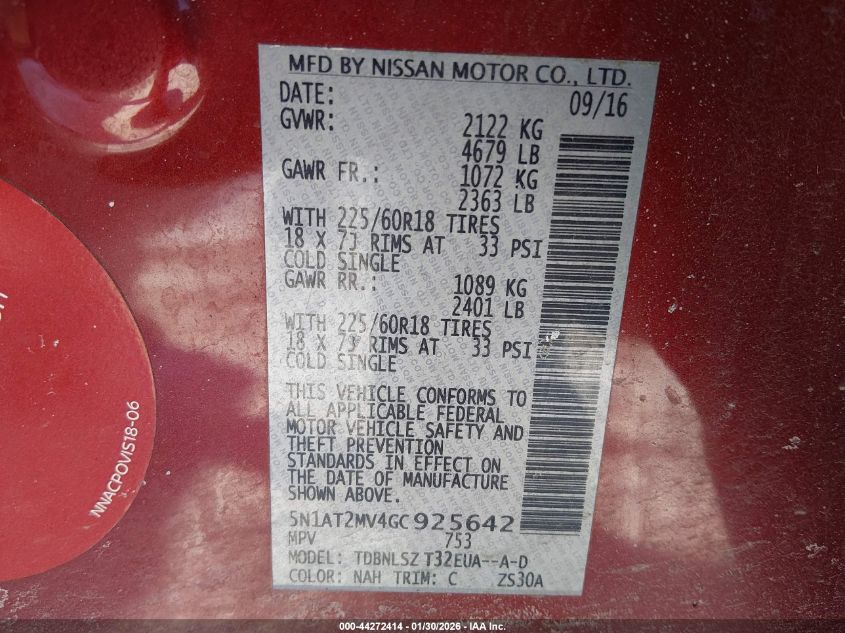 2016 Nissan Rogue Sl VIN: 5N1AT2MV4GC925642 Lot: 44272414