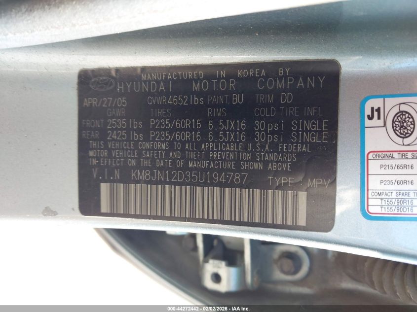 2005 Hyundai Tucson Gls/Lx VIN: KM8JN12D35U194787 Lot: 44272442