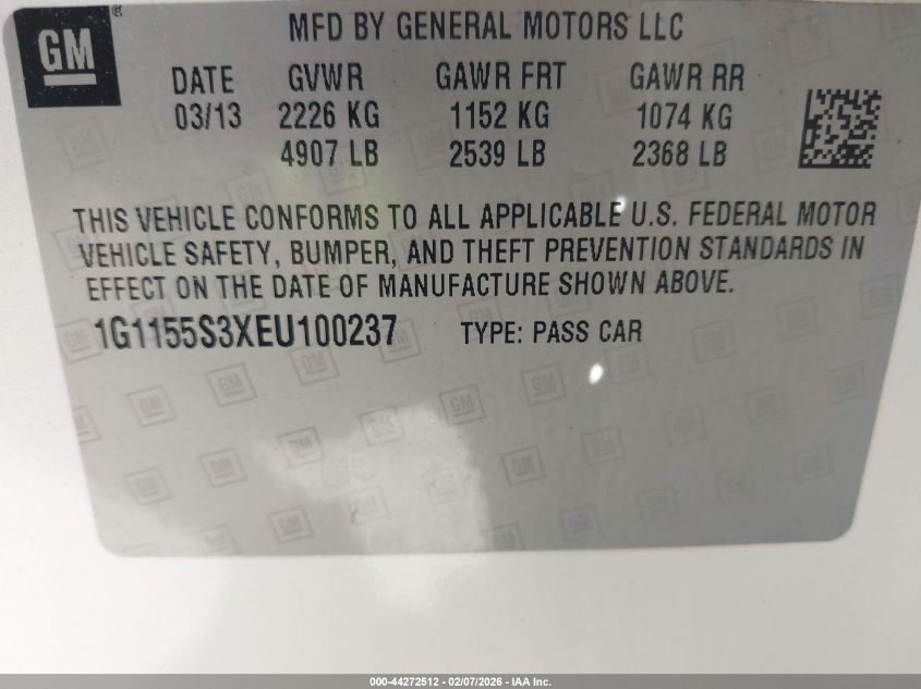 2014 Chevrolet Impala 2Lz VIN: 1G1155S3XEU100237 Lot: 44272512