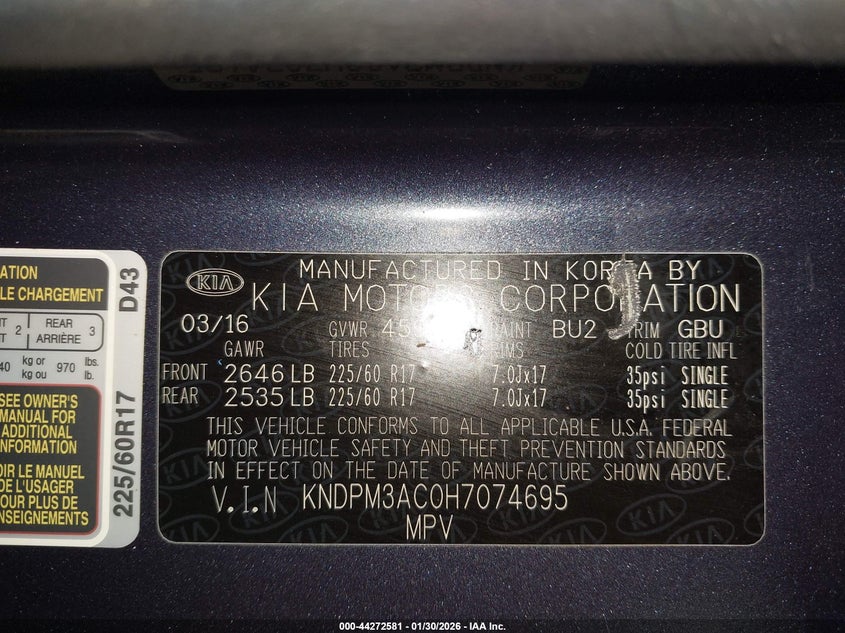 VIN KNDPM3AC0H7074695 2017 KIA SPORTAGE LX