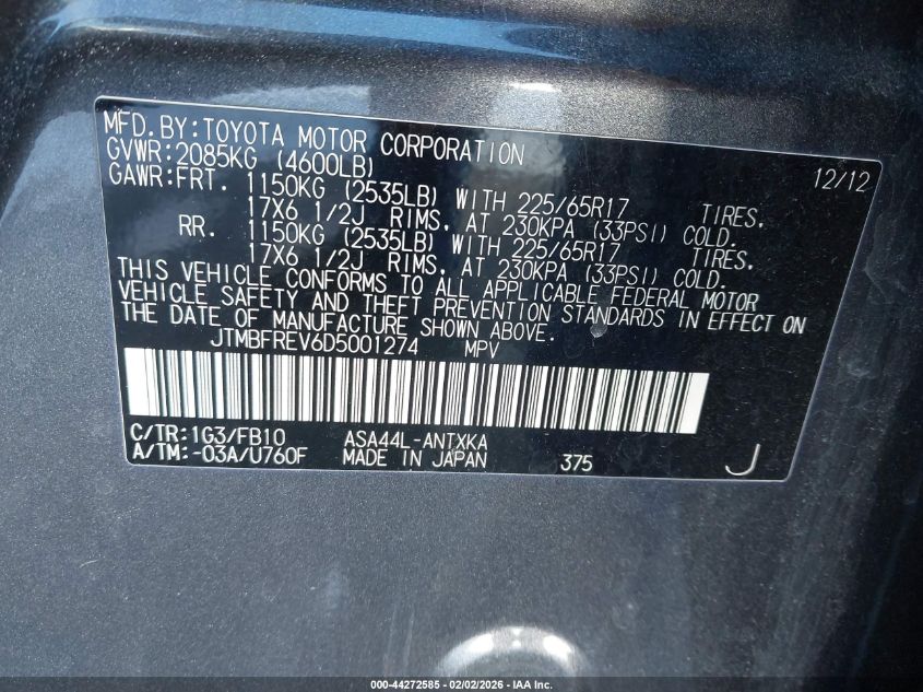 2013 Toyota Rav4 Le VIN: JTMBFREV6D5001274 Lot: 44272585