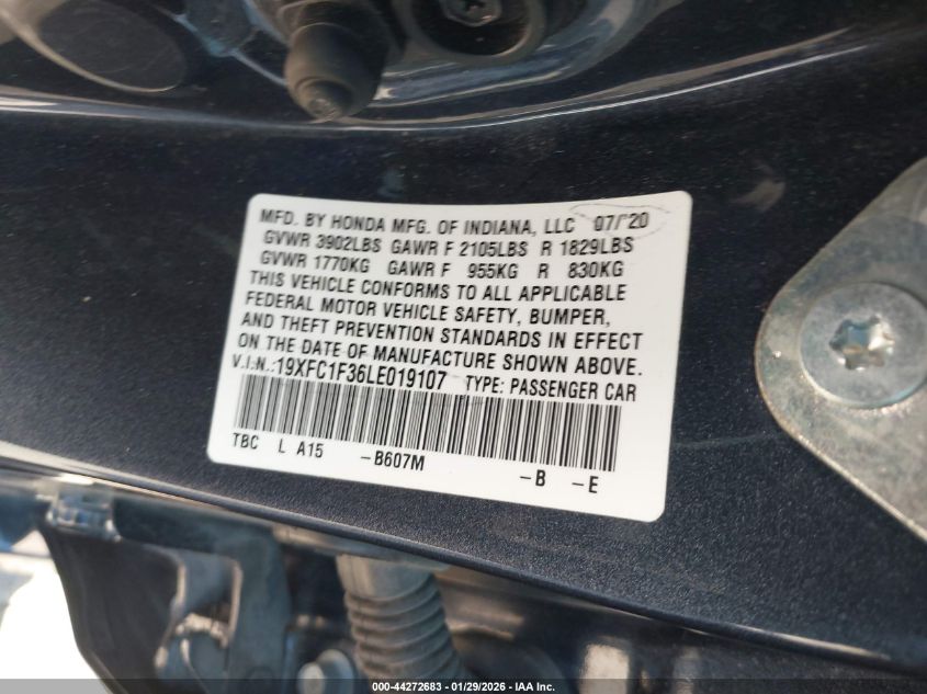 2020 Honda Civic Ex VIN: 19XFC1F36LE019107 Lot: 44272683