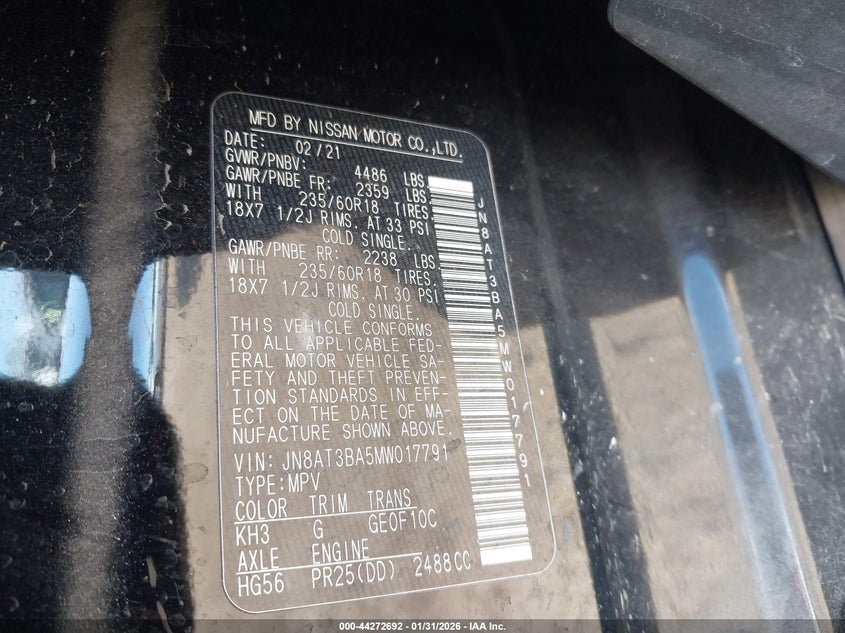2021 NISSAN ROGUE 2.5L I-4 DI, DOHC, V(VIN: JN8AT3BA5MW017791
