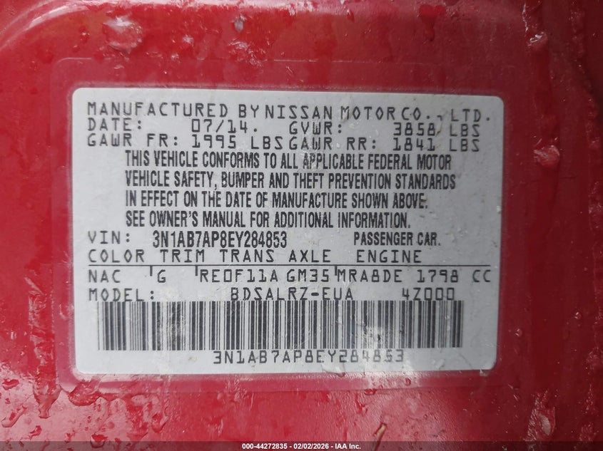 2014 Nissan Sentra Sr VIN: 3N1AB7AP8EY284853 Lot: 44272835