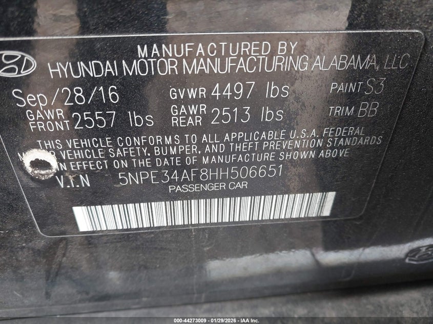 2017 Hyundai Sonata Sport VIN: 5NPE34AF8HH506651 Lot: 44273009