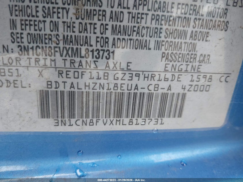 2021 NISSAN VERSA 1.6L I-4 DOHC, VVT, (VIN: 3N1CN8FVXML813731