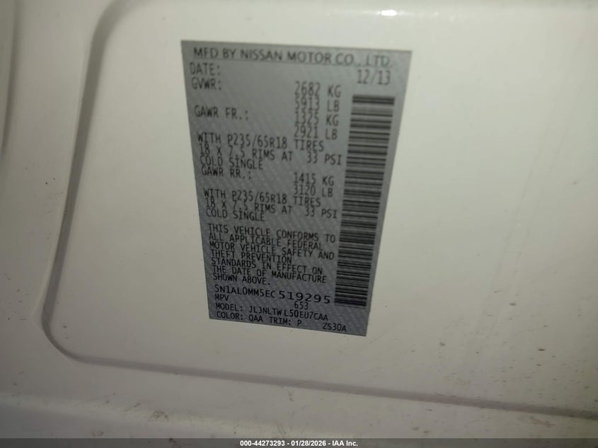 2014 Infiniti Qx60 VIN: 5N1AL0MM5EC519295 Lot: 44273293