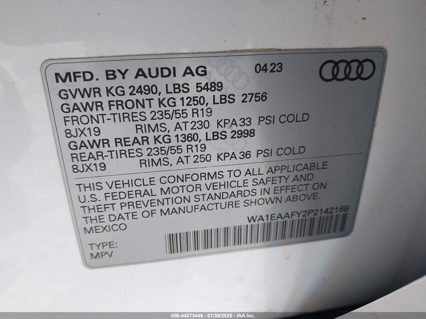 VIN WA1EAAFY2P2142168 2023 AUDI Q5 PREMIUM PLUS 45 TFSI S LINE QUATTRO