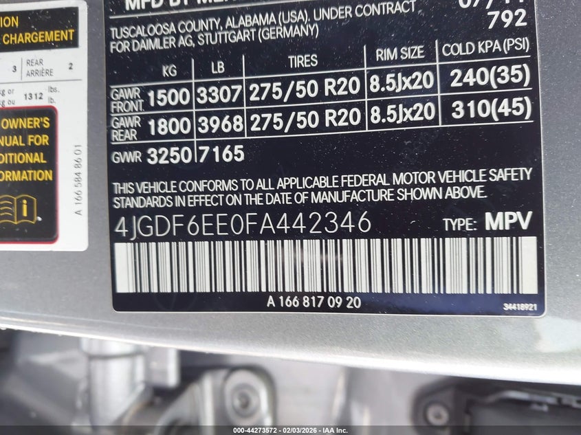 2015 Mercedes-Benz Gl 450 4Matic VIN: 4JGDF6EE0FA442346 Lot: 44273572